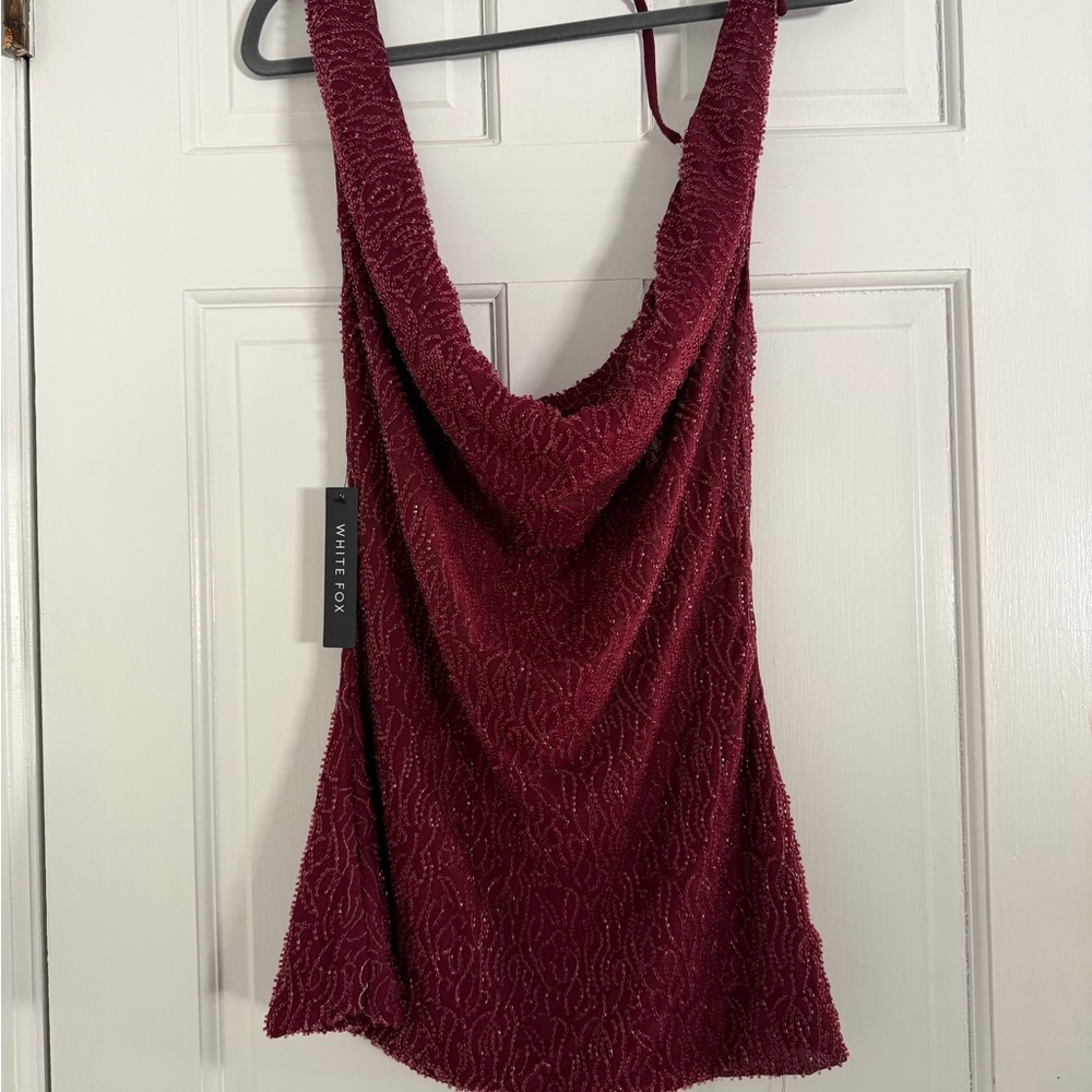 White Fox Burgundy Beaded Cowl Neck Tank
